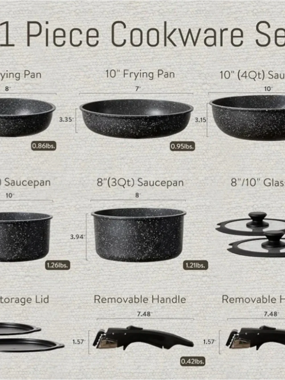 CAROTE 11pcs Nonstick Cookware Set With Detachable Handle, Jet Black